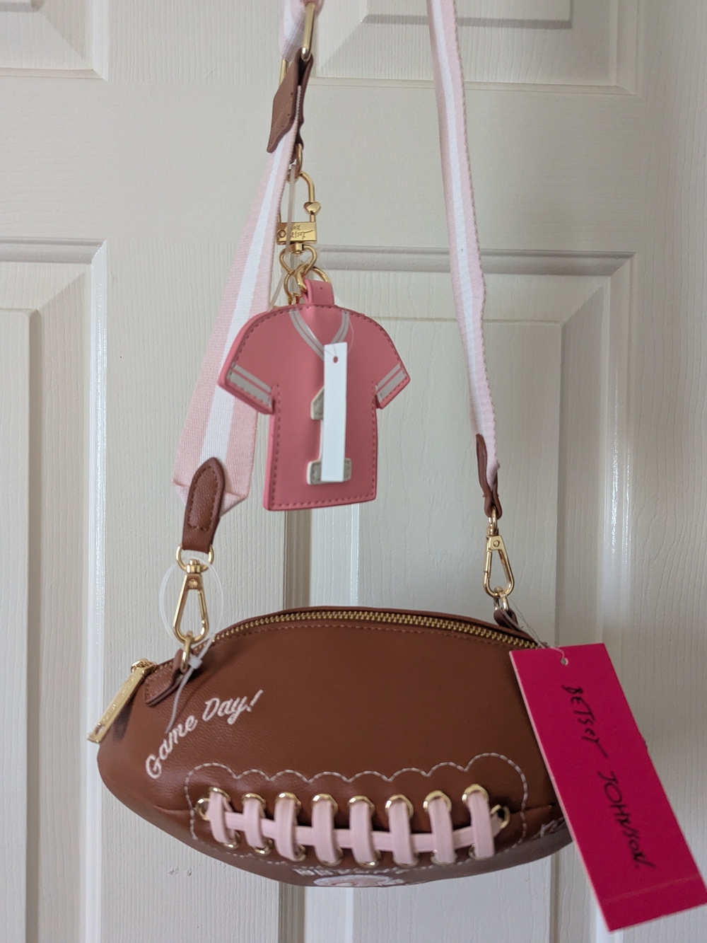 Pink & Brown Football Crossbody Bag with Charm